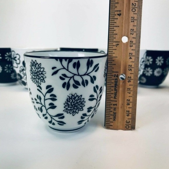Pier 1 AKINA Sake Tea Cups Black White Floral Set Of 6 PLUS one extra for fun! - Picture 5 of 7